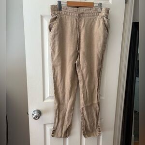 Nicole Miller 100% linen tan pull on pants large ankle buttons drawstring